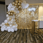 Balloon arch with gold and white balloons for birthday event styling at JK DECO Melbourne.