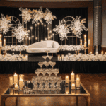 Elegant wedding stage setup with white flowers, candles, and sophisticated lighting for luxury recep.