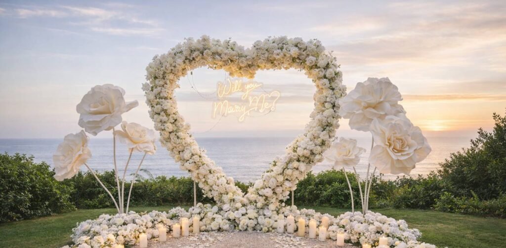 wedding purposal heart arch decoration with red roses and white roses and candles in Melbourne