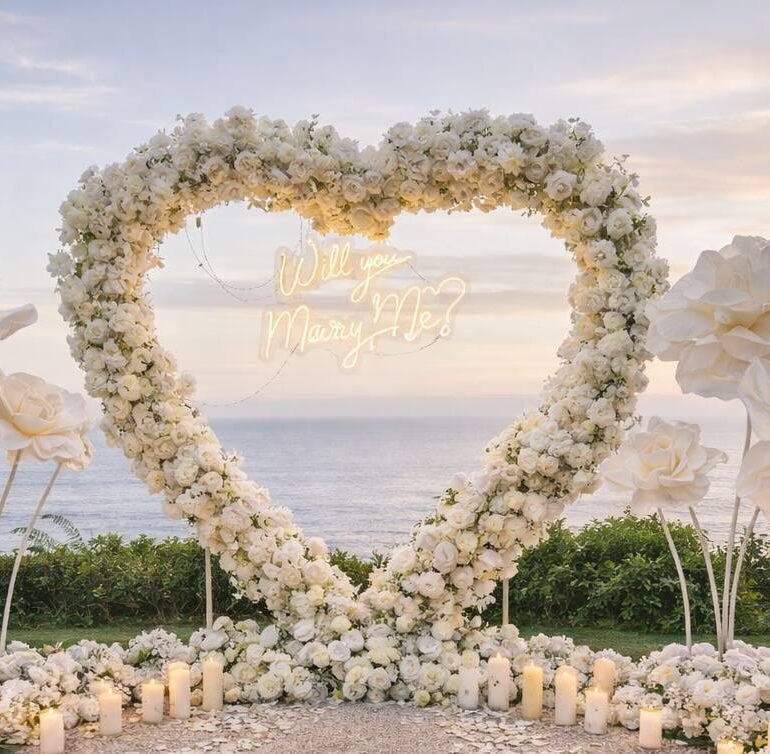 wedding purposal heart arch decoration with red roses and white roses and candles in Melbourne